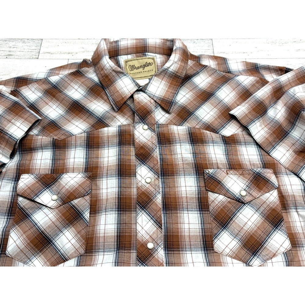 Wrangler Western Shirt Mens 3XL White Brown Plaid Short Sleeve Pearl Snaps
